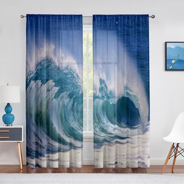 Ocean Woda Morska Lato Tropikalny Surfing Fale Przezroczyste ZasłOny Do Dekoracji Salonu Sypialni Okno Szyfonowe Woale Tiulowa ZasłOna 1 PCS W150Xh250Cm&Grommet Top-image