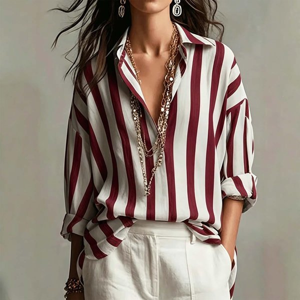 Camisa De Manga Larga A Rayas Con Botones Para Mujer Para Uso Casual Diario XXL Vino-image