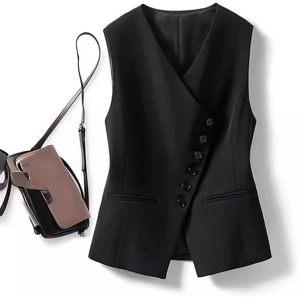Chaleco Blazer De Mujer Sin Mangas Con Cuello En V Para Primavera OtoñO Abrigo Chaleco De Traje Corto Para Mujer Chaqueta M Negro-image