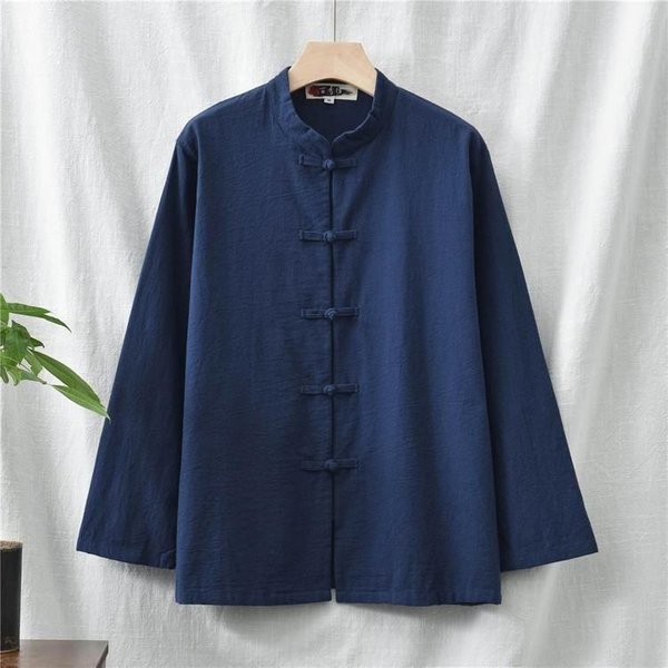 AlgodóN Y Lino Vintage Cuello Alto Estilo Chino Primavera Tai Chi Hombres Mujeres Artes Marciales Camisa Qipao Antiguo Traje Tang Top 3XL Azul Marino-image