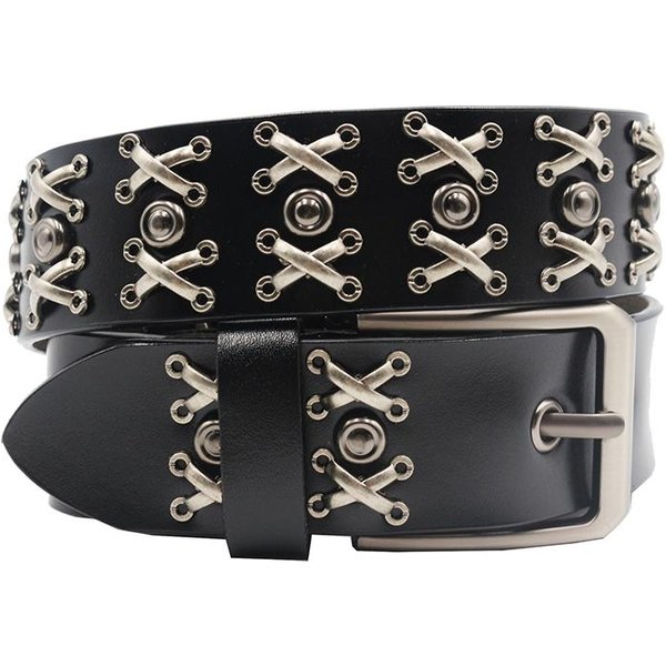 CinturóN Cowboy De Remaches MetáLicos Cuero Genuino Piel De Vaca CinturóN Para Hombre Remaches Punk Cinturones Para Vaqueros Para Hombre Ceinture Homme Cinturones Hombre 125Cm Black-image