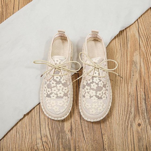 Modne Wiosenno-Letnie Haftowane Siateczkowe Casualowe OddychająCe WycięTe Sznurowane Jednolite KryjąCe PięTę PłYtkie PłAskie Siateczkowe Buty 38 Beige-image