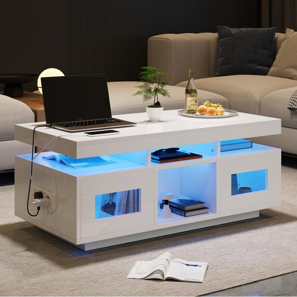 Mesa De Centro Negra, IluminacióN LED De Alto Brillo, Mesa De Café Con Armario Y Compartimentos Abiertos, Mesa De Sofá Mesa Central Rectangular, 100×50×43Cm 100X50X43 Cm-image