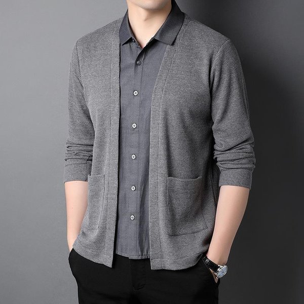 SuéTer Falso De Dos Piezas Para Hombre Primavera Y OtoñO Nueva Moda CáRdigan Cuello Camisa Chaqueta De Punto Conjunto De Dos Piezas Para Hombre Xxxl Gris-image