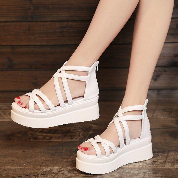 Sandalias De Plataforma Para Mujer CuñA Punta Abierta Zapatos De Mujer Cremallera Trasera Sandalias Romanas VersióN Coreana Femenina Verano Ultra-Ligeras Zapatos De Estudiante 40 Blanco-image