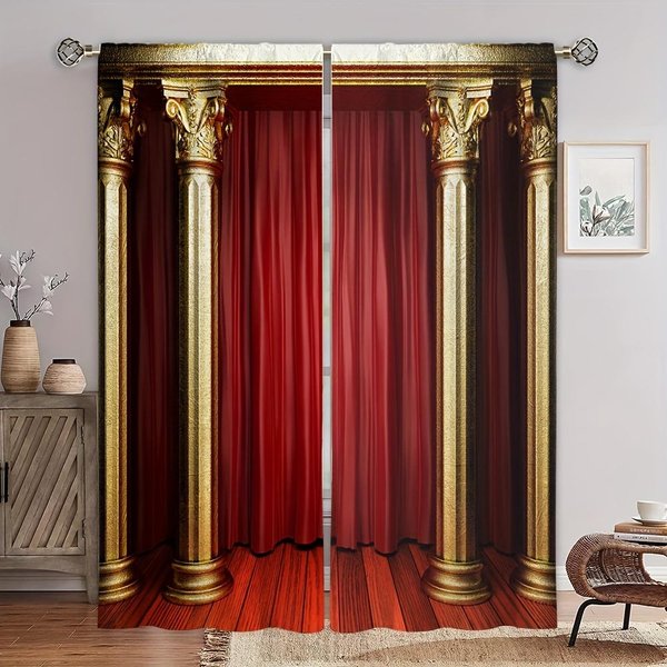 2 Cortinas Decorativas Con Elementos Retro Dorados Europeos Para Ventanas, Tratamientos Para Dormitorio, Sala De Estar, DecoracióN Del Hogar 135W165H(Cm)53X65In&Rod Pocket-image