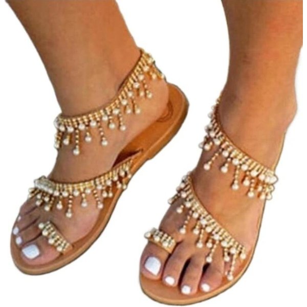 Damskie Buty Plus Size Japonki Damskie SandałY Outdoorowe Casualowe SandałY Damskie Sznurowane Z Koralikami OkrąGłY Nosek Wsuwane PłAskie Buty Damskie 39-image