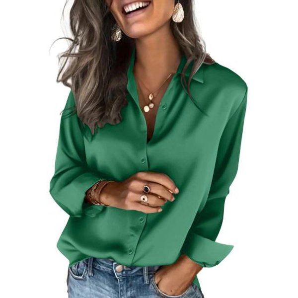 Camisa De SatéN Para Mujer Color SóLido Corte Holgado Camisa De Seda Artificial Solapa Manga Larga Botones Tapeta Tops Casual De Negocios Uso Diario XL Verde-image
