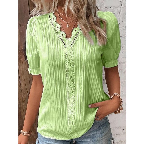Vezfaa Moda Damska Casual Lato Jednolity Kolor Nadruk Puste KróTki RęKaw Dekolt W Serek Bluzki I Koszule Xxxxxl-image