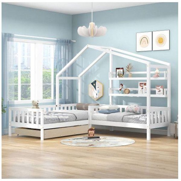 Cama Infantil - Muvoe - Cama Tipo Casa - Madera Maciza - Blanco - 90X200 Cm + 140X70 Cm Blanco-image