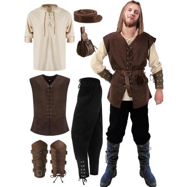 6 Piezas Conjunto De Disfraz Renacentista De Halloween Para Hombre Chaleco Medieval Camisa Pantalones Con Banda En El Tobillo CinturóN Vikingo Brazalete Bolsa XXS-image