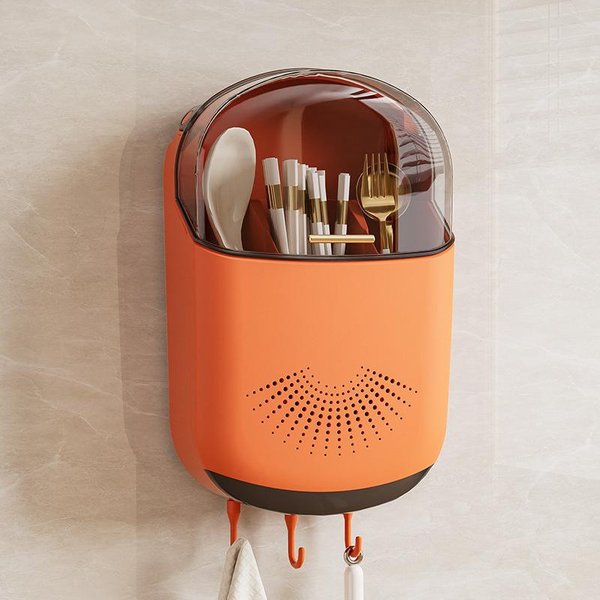 Caja De Almacenamiento De Cubiertos De Cocina, Soporte De Pared Para Guardar Vajilla Con Tapa, Organizador De Cucharas Y Palillos A Prueba De Polvo, Rejillas De Drenaje-image