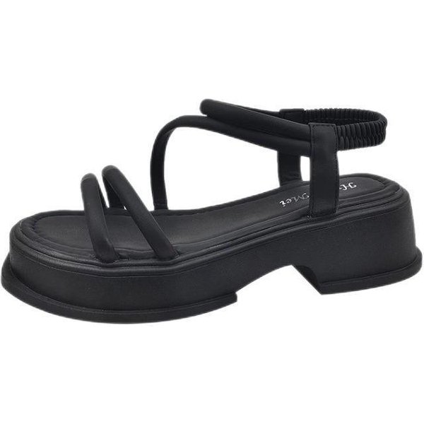 Zapatos Para Mujer Sandalias De Verano De Moda Para Mujer Color SóLido TacóN Medio Impermeables Banda EláStica Punta Abierta Sandalias De Vestir Para Mujer 38 Negro-image