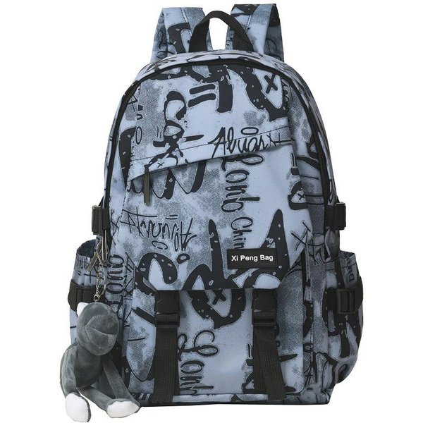 Graffiti MęSki Student College'u DużA Pojemność Uczeń Liceum Gimnazjum Marka Trendy Harajuku Trendowy Plecak Damski Fajny +Gray Frog Pendant Niebieski-image