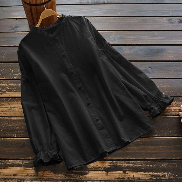 Bluzka Damska Zanzea W Stylu Vintage Z DłUgim RęKawem I Falbaną Z Falbaną 3XL Black-image