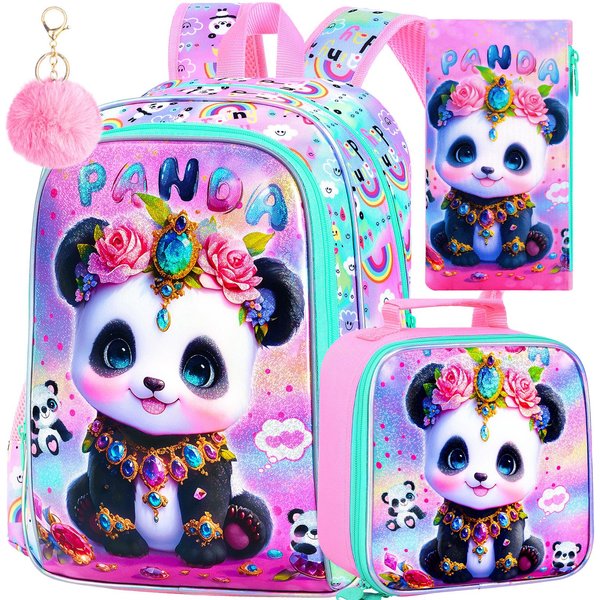 Mochila Para NiñAs De 3 Piezas, Mochila Escolar Para NiñOs De 16 Con Fiambrera?Mochilas Escolares De Panda Para Primaria Preescolar JardíN De Infancia (Rosado)-image