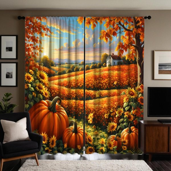 2 Piezas HD Campo JardíN De Girasoles Cosecha De Arce Fruta Cortina Decorativa Amarilla Lazo Cortina Impresa Digitalmente DecoracióN Del Hogar Esty W52H63Inchw132H160Cm-image