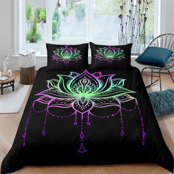Juego De Cama De 2/3 Piezas Boho Loto Juego De Funda NóRdica Flor Mandala Cubre EdredóN Adulto Negro PoliéSter Juego De Cama Queen King Twin Adolescentes EU Single(135X200Cm)-image