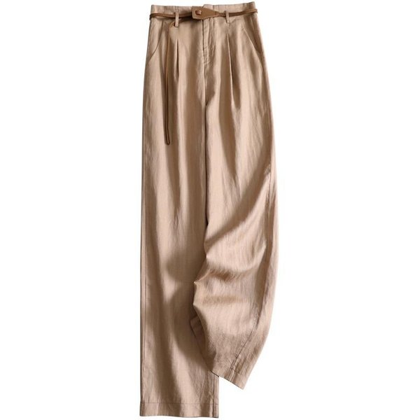 Pantalones De Pierna Ancha Hilo Tissel, Nuevo Estilo Para Ir Al Trabajo, Pantalones Ligeros Y Sueltos De Cintura Alta, Pantalones Rectos Para Mujer 2XL Beige-image