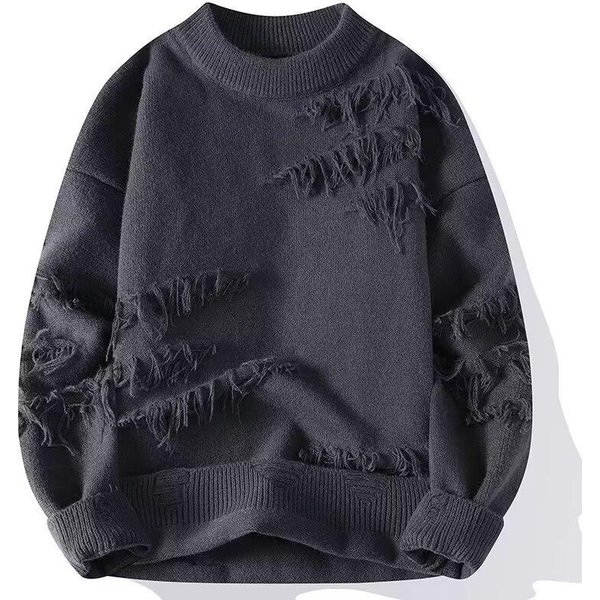 Sweter Zimowy MęSki Modny Jednokolorowy Wszechstronny OkrąGłY Dekolt DłUgi RęKaw JapońSki Styl LuźNy Dziurkowany Sweter M Kolor Szary-image