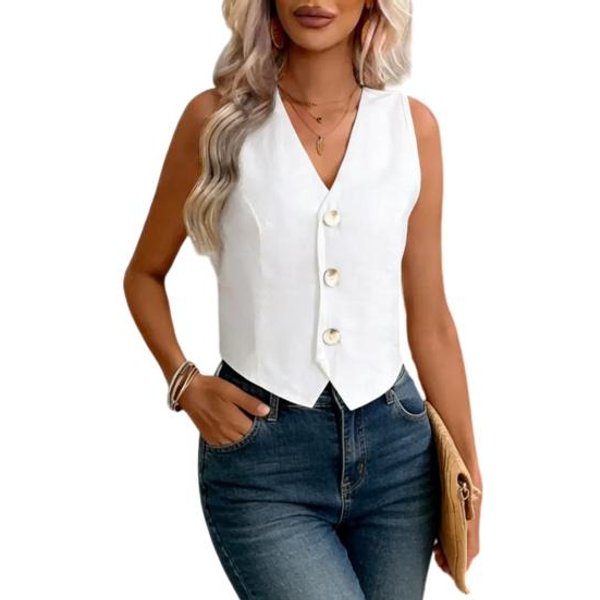 Lniany Top Kamizelka Dla Kobiet Casualowy Dopasowany Bez RęKawóW Zapinana Na Guziki Kamizelka V-Neck KróTki StróJ Do Biura L BiałY-image