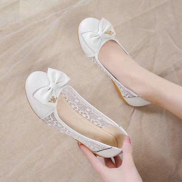 Buty Damskie Wiosna I Lato Hollow OddychająCe Nie Duszne Stopy MięKka SkóRa MięKkie Podeszwa PłYtkie Usta Kokarda Pojedyncze Buty Buty Fasolki 37-image