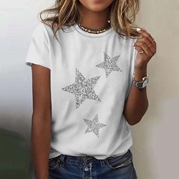 Camiseta Con Estampado 3D De Estrella Verano Mujer Cuello Redondo Camisetas Casuales Harajuku Streetwear Manga Corta Camiseta Oversize Y2K Ropa Femenina M White-image