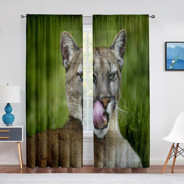 Cortinas De Tul De Tigre Para DecoracióN De SalóN Hojas Verdes Animal Salvaje Cortina Voile Transparente Para Dormitorio Cocina Cortinas Persianas 1 PCS W100Xh250Cm&Grommet Top-image