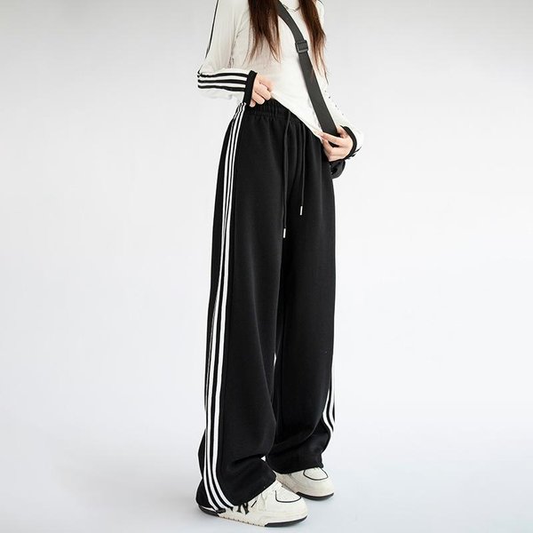 Retro Szerokie Spodnie Damskie Nowe Jesienne Spodnie Z Trzema Paskami Po Bokach Proste Wysoki Stan Rekreacyjne Spodnie Sportowe XL Black-image