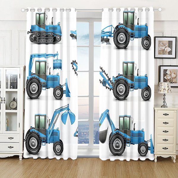 2 Szt. Urocze KreskóWkowe Samochody CiężArowe Koparki ZasłOny Na Okna Do Pokoju DziecięCego Rolety Dekoracja Domu Cortinas (W70H185Cm)-2Pcs&Hook-image