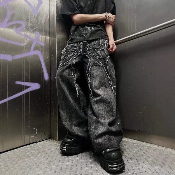 Jeans Unisex Y2K GóTicos Vintage Bordados De ArañA Empalmados Estilo Americano Pantalones Vaqueros Holgados De Pierna Ancha Hip Hop Streetwear M Negro-image