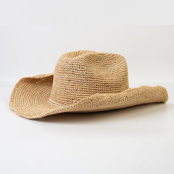 Sombreros De Sol De Rafia Natural De Alta Moda Para Mujer Verano Ala Ancha Sombrero Vaquero Occidental Tejido A Mano Sombrero De Paja Panama Para Vacaciones En La Playa M 56-58Cm Beige-image