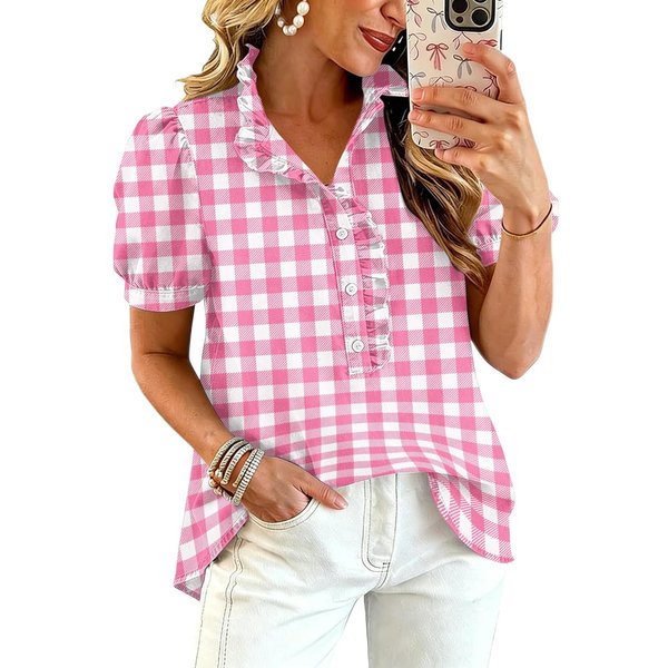 Blusa Casual De Moda Para Mujer Con Volantes, Cuello En V, Estampado De Cuadros Gingham, Mangas Cortas Abullonadas Y DiseñO De Botones En La Parte Delantera L Color Rosa-image