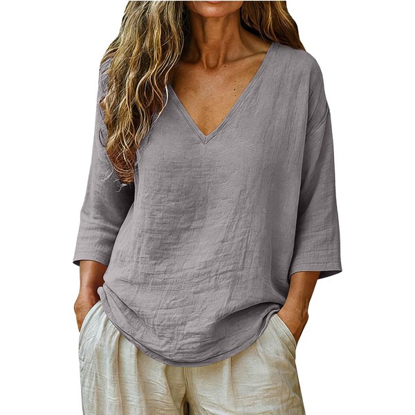 Top De AlgodóN Slub Para Mujer, Nuevo, Primavera-Verano, Manga 3/4, Cuello En V, Holgado, Moda Casual, Blusa L Gris-image