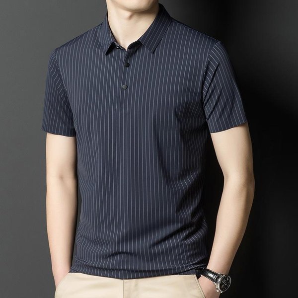 Camiseta Polo De Manga Corta Para Hombre Joven Y De Mediana Edad, Verano, Sin Costuras, Rayada, EláStica, Seda De Hielo Fina, Cuello, Camiseta Casual De Manga Corta, Tendencia Xxxxl-image