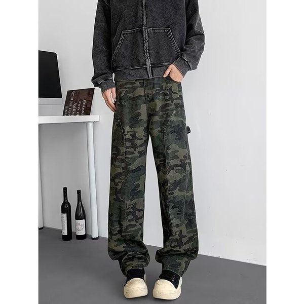 Jeansy Robocze KamuflażOwe Z Przeszyciami MęSkie LuźNe Proste Nogawki High Street Casual XL Gray-image