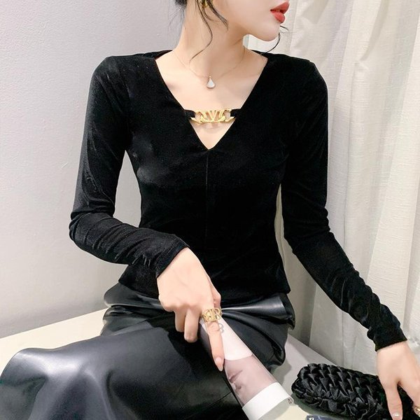 Camiseta De Punto Para Mujer, Invierno, Nueva, Chic, De Terciopelo, Cuello En V, Informal, De Manga Larga, Camiseta BáSica Para Mujer 2XL Beige-image