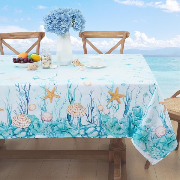 Mantel De Mesa DecoracióN De Mesa Impermeable Estilo RúStico Cocina Comedor Decoraciones De Fiesta Con DiseñO De OcéAno NáUtico Coral Estrella De Mar Concha Marina 100X160Cm-image
