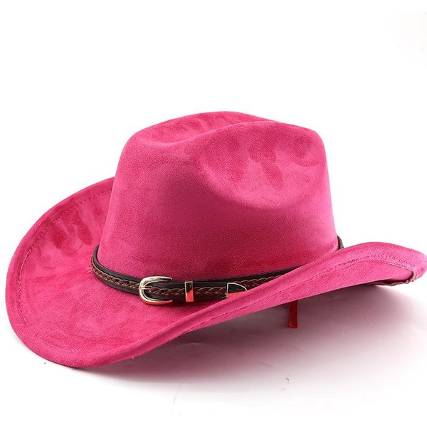 Nowa Moda Zamszowa Kapelusz Kowbojski Fedora Retro Unisex Na ZewnąTrz Szerokie Rondo Cylinder Styl Zachodni Przystojny Brytyjski Panama Kapelusz Jazzowy M 56-58Cm Pink-image