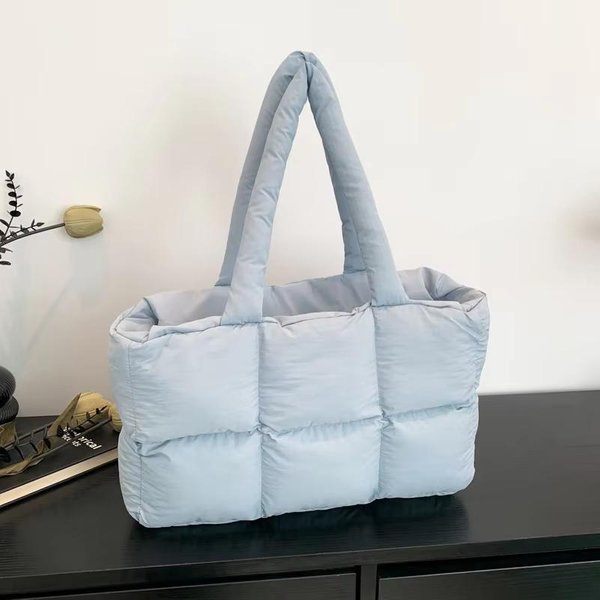 Bolso Tote Acolchado Puffer Para Mujer Gran Capacidad Impermeable Bolso De Hombro Bolso De Mano Color SóLido Suave Casual Bolso De Compras De Invierno Azul-image