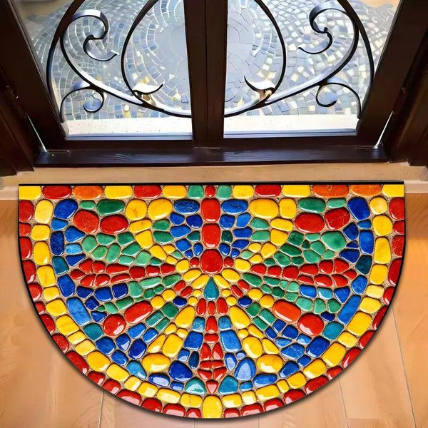 PółOkrąGłA Mata WejśCiowa Z Kamieni ŻWirowych Sunburst 3D Wizualna AntypośLizgowa ChłOnna Mata Przed Drzwi Vintage Rustykalny Dywanik Do Przedpokoju 40X60Cm 16X24Inch-image
