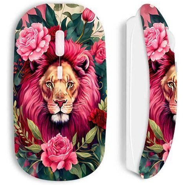 Souris Sans Fil Maniacase Blanche TêTe De Lion Avec Fleurs Et Feuilles-image