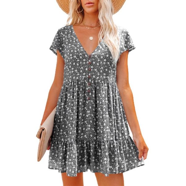 Vestido Corto Floral De Manga Corta Con Cuello En V Y Volantes Cortos Para Mujer L Negro-image