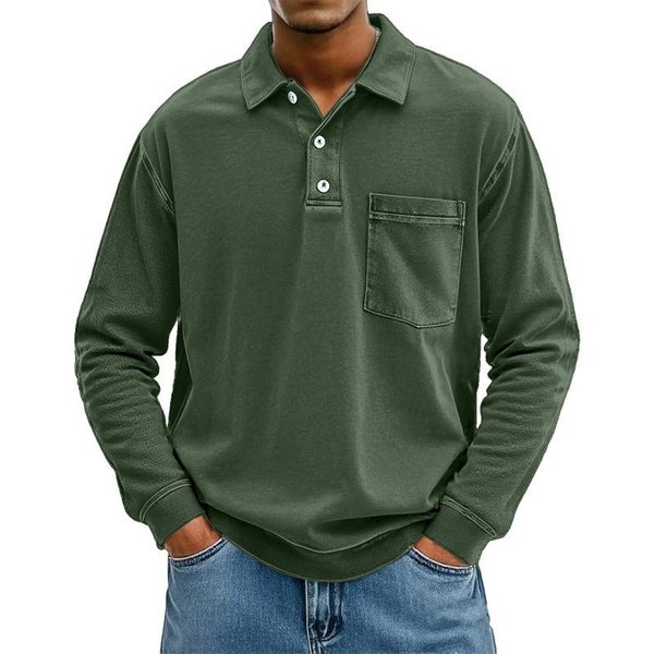Wiosna Jesień Koszulka Polo Jednolity Kolor Kieszeń MęSka DłUgi RęKaw Vintage T-Shirt MęSki Uniwersalny Guziki Sweter Top 5XL Kolor Zielono-Szary Wojskowy-image