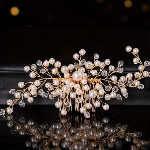 Peines Para El Cabello De Novia Adornos Cristales Accesorios Para El Cabello De Boda Color Plata Mujer Tocados De Perlas DecoracióN Beige-image