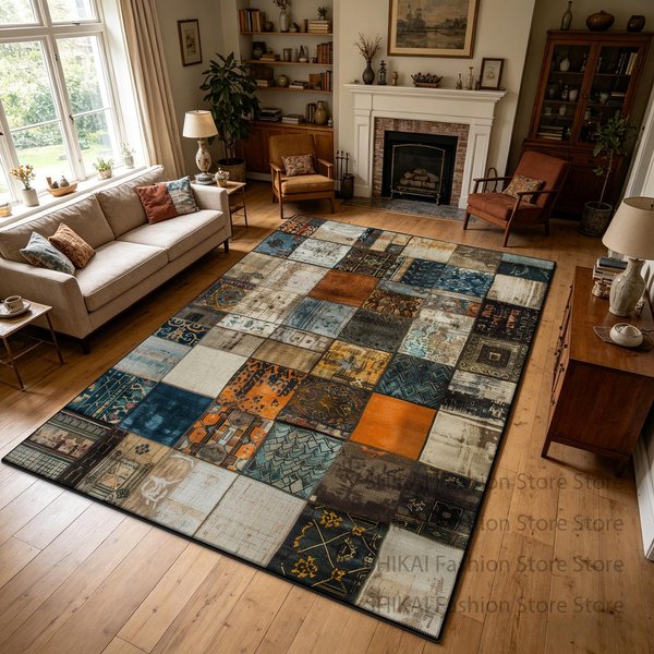 AmerykańSki Retro Styl Patchworkowy Dywan Do Salonu Dekoracja Domu ŁAtwy Do Czyszczenia Puszysty Dywan DużY Rozmiar AntypośLizgowy MięKki Mata Pod Sofę 1.9X2.9Ft(60X90Cm)-image