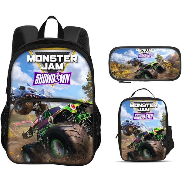 Monster Jam OkrąGłA Przednia Torba Plecak PióRnik Torba Lodowa Zestaw 3 Sztuk Nadruk KreskóWkowy Najlepszy Towarzysz Kampusu Ucznia Prezent Urodzinowy-image