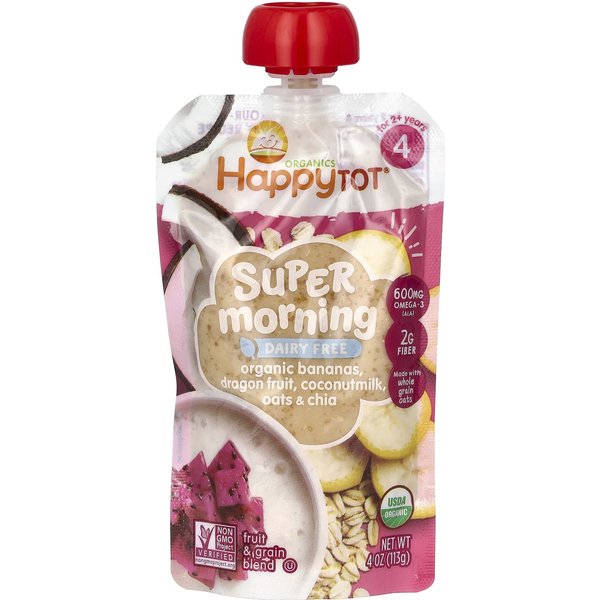 Happy Family Organics, Happy Tot, Super Morning, Sin LáCteos, Paso 4, PláTano OrgáNico, Fruta Del DragóN, Leche De Coco Y Avena + Super ChíA, 4 Oz (113 Gramos)-image