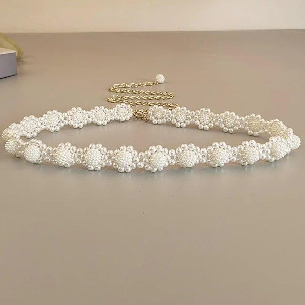 CinturóN Trenzado Con Perlas Blancas Para Mujer, DecoracióN Para Camisa De Vestir, Cadena Para La Cintura, CinturóN GóTico Elegante Con Colgante De Perlas Para Mujer 115Cm Blanco-image