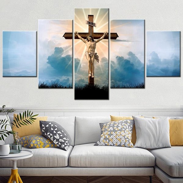 5 Paneli PłóTno Sztuka ŚCienna Plakat Malarstwo Dekoracja Domu Religia ChrześCijańSka Jezus BóG Krzyż Tapeta Salon Obraz Druk 30X40 30X60 30X80Cm Gray-image